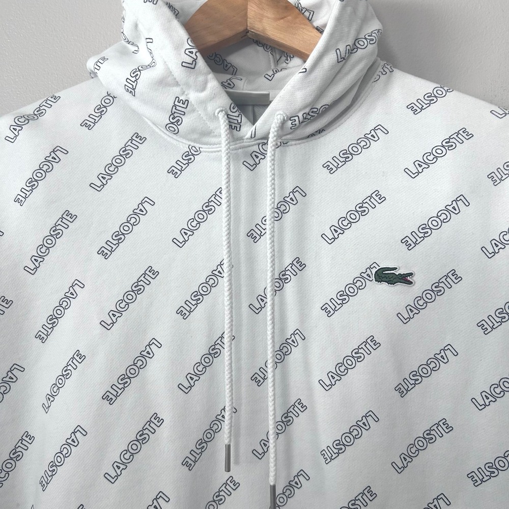 Lacoste LIVE Hoodie Mens Medium White All Over Logo Print Pullover Sweatshirt